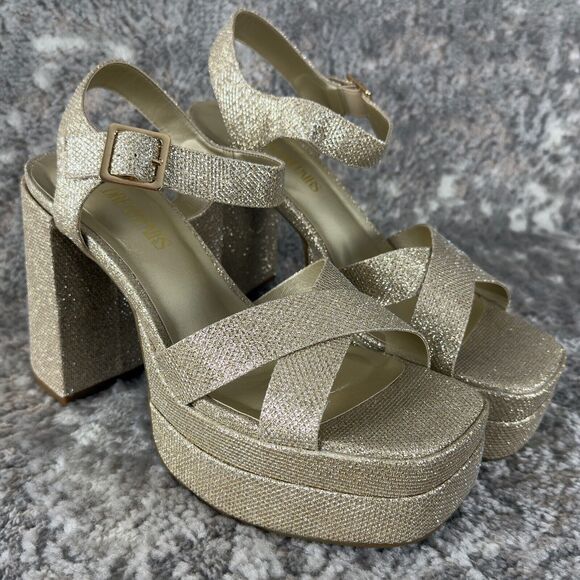 NEW Dream Pairs Sz 9 Square Toe Chunky Heel Platform Sandals Gold Glitter Y2K - Picture 1 of 7